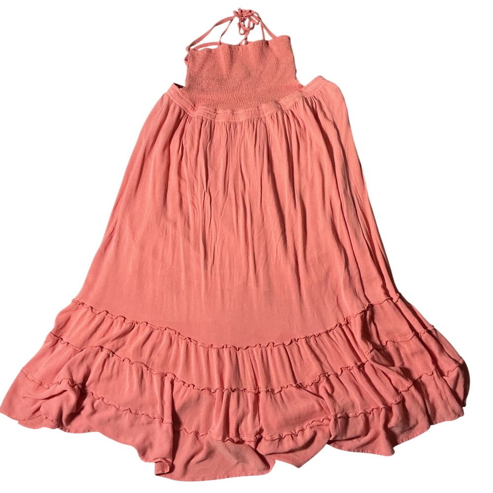 Lillusory Pink Cottagecore Smocked Halter Maxi Dress Tiered Ruffle Boho Dress S